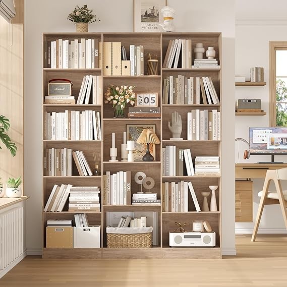 Tall 6-Tier Bookshelf with 17 Compartments Oak Storage Display Unit 188cm