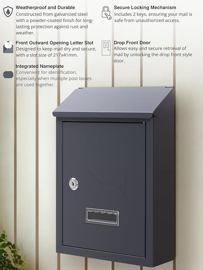 Lockable Wall Mounted Mailbox Grey – Weatherproof Steel Post Box with Keys