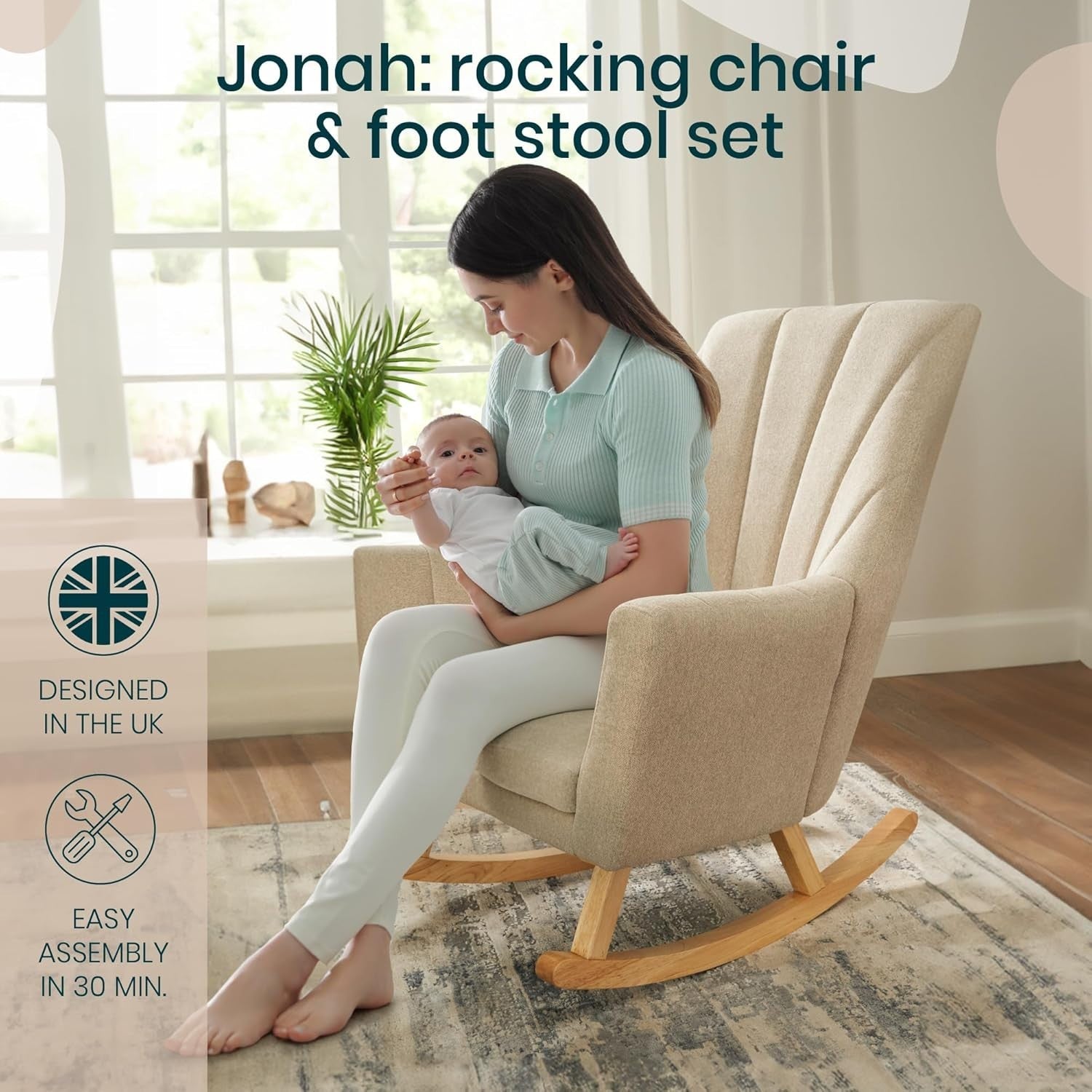 Nursery Rocking Chair with Footstool, Soft Touch Fabric, Ergonomic 93x75cm