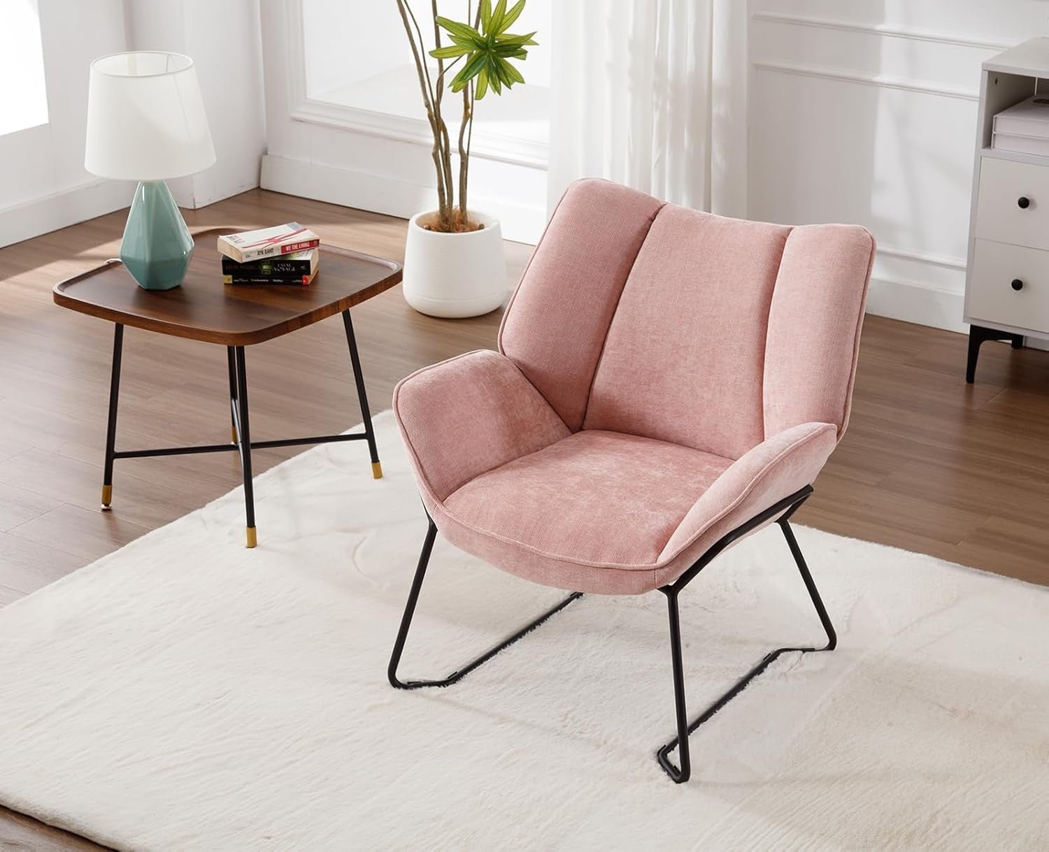 Pink Chenille Armchair Modern Tub Chair Upholstered Metal Legs