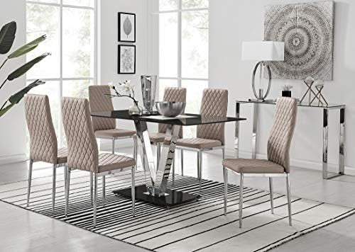 Modern Black Glass Dining Table Set with 6 Cappuccino Grey Chairs 140x80x75cm
