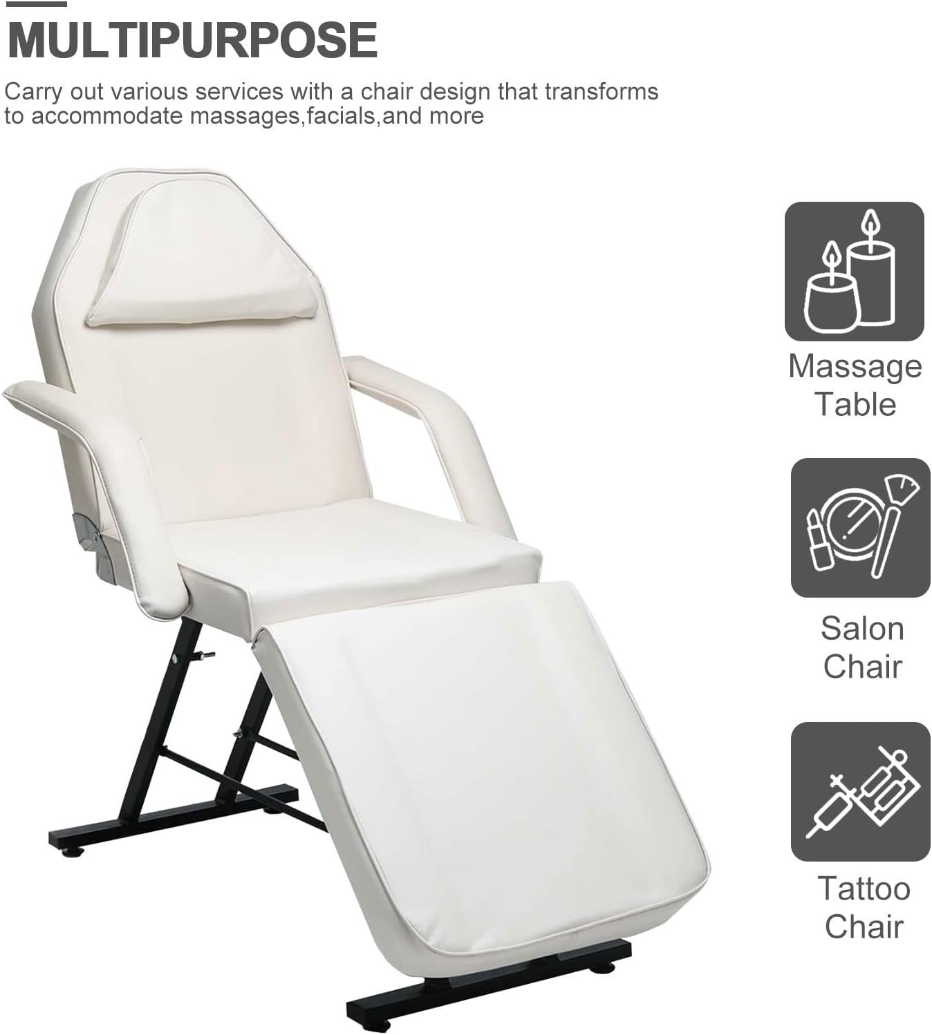 Adjustable 3-Section Massage Table with Stool Salon Lash Tattoo Bed White 184cm