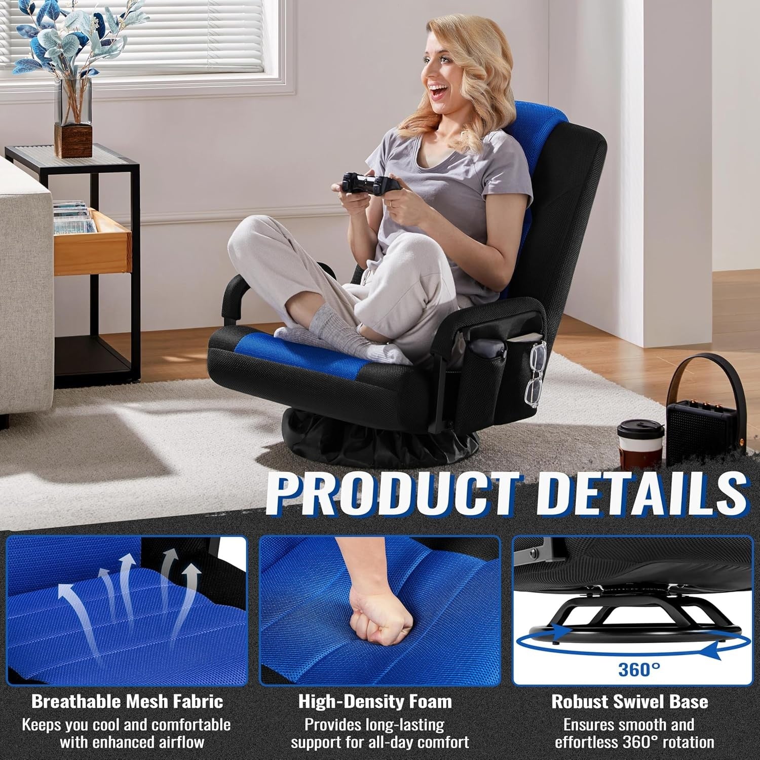 360° Swivel Gaming Floor Chair Recliner 6 Position Sofa Blue