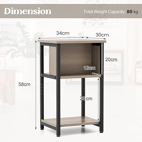 Modern 3-Tier Narrow Bedside Table with Shelves & Storage, Small Space Side