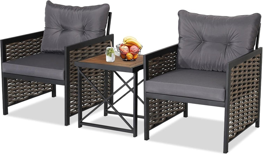 Outdoor Rattan Bistro Conversation Set Acacia Table Soft Cushions Patio