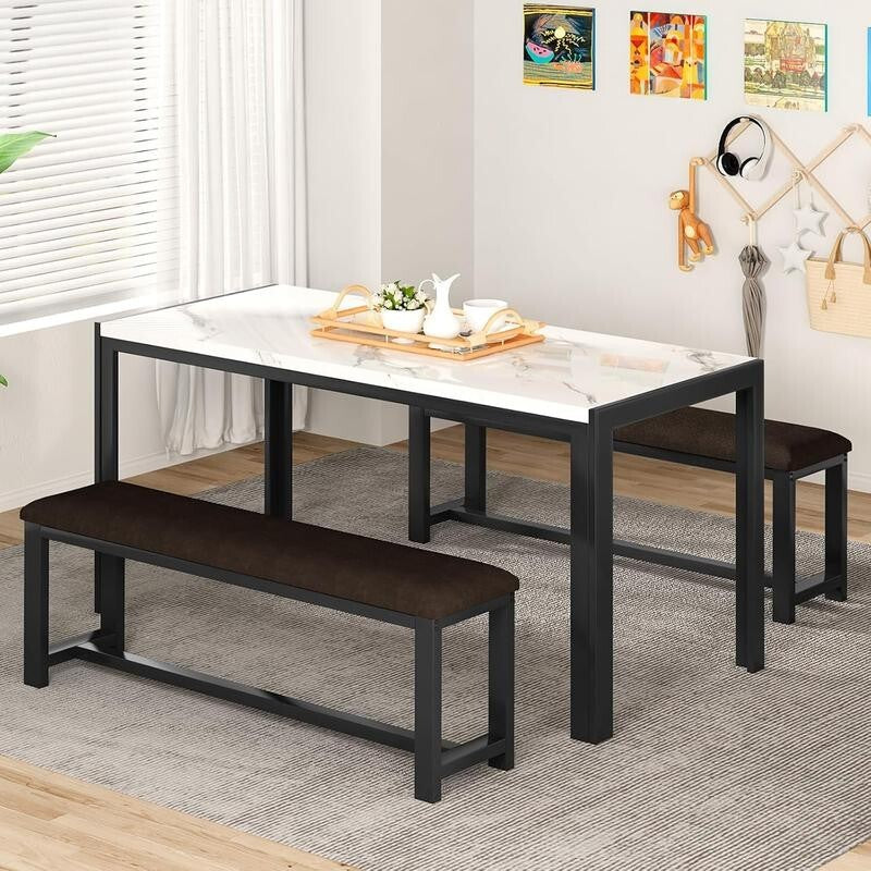 Faux Marble Dining Table Set with 2 Benches – Space Saving, 4 Seater
