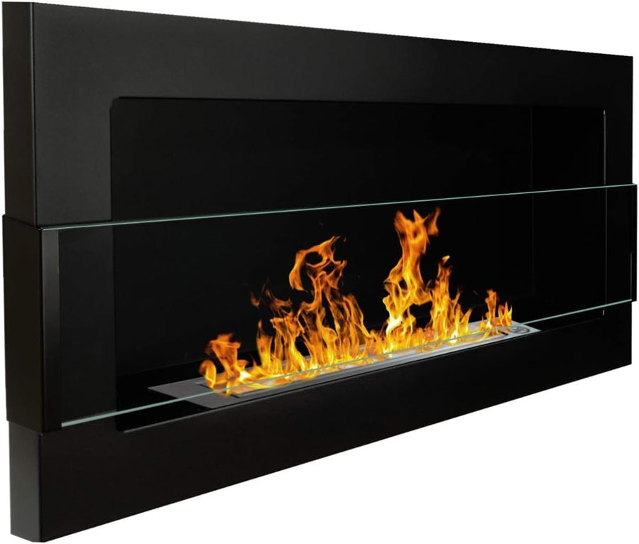 Wall-Mount Bio Ethanol Fireplace Modern Black Glass with Flame Effect