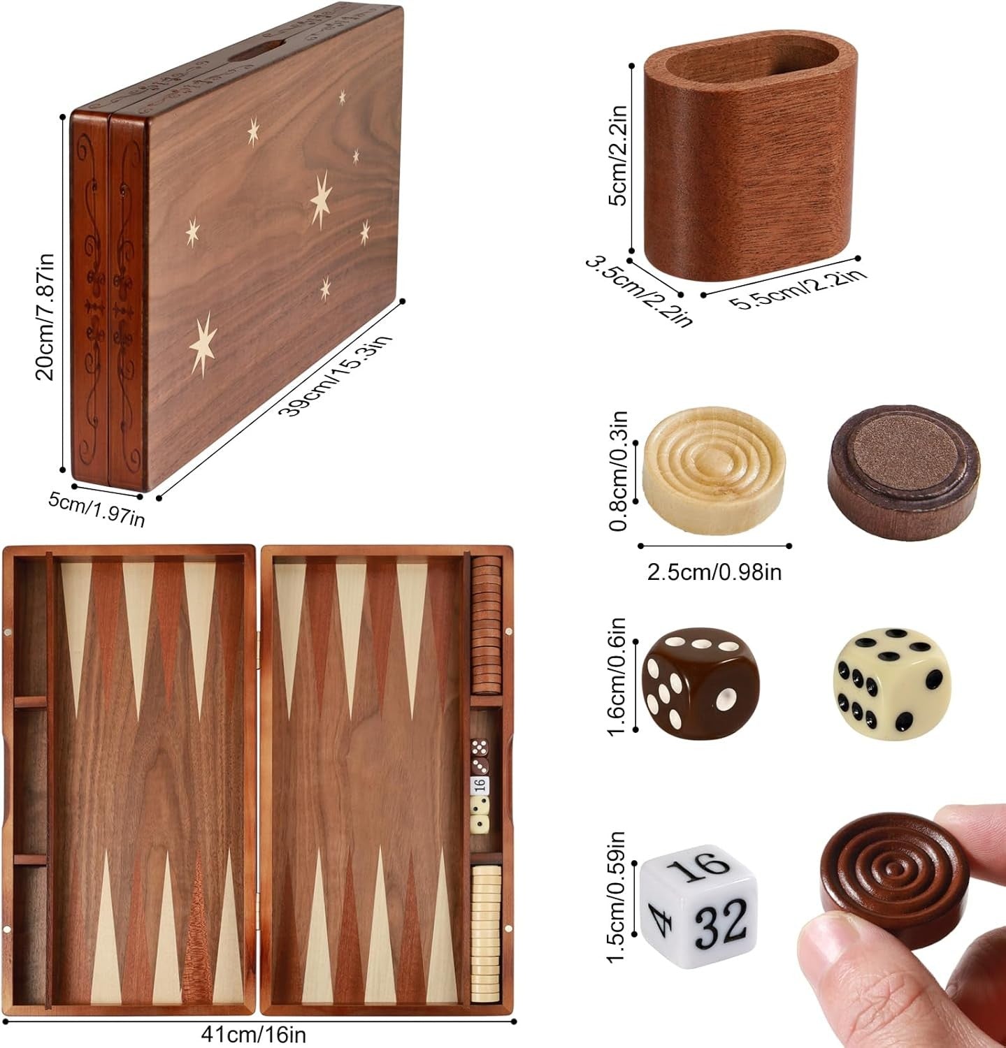 Large Wooden Backgammon Set 40cm Folding Board Travel Classic Strategy Game