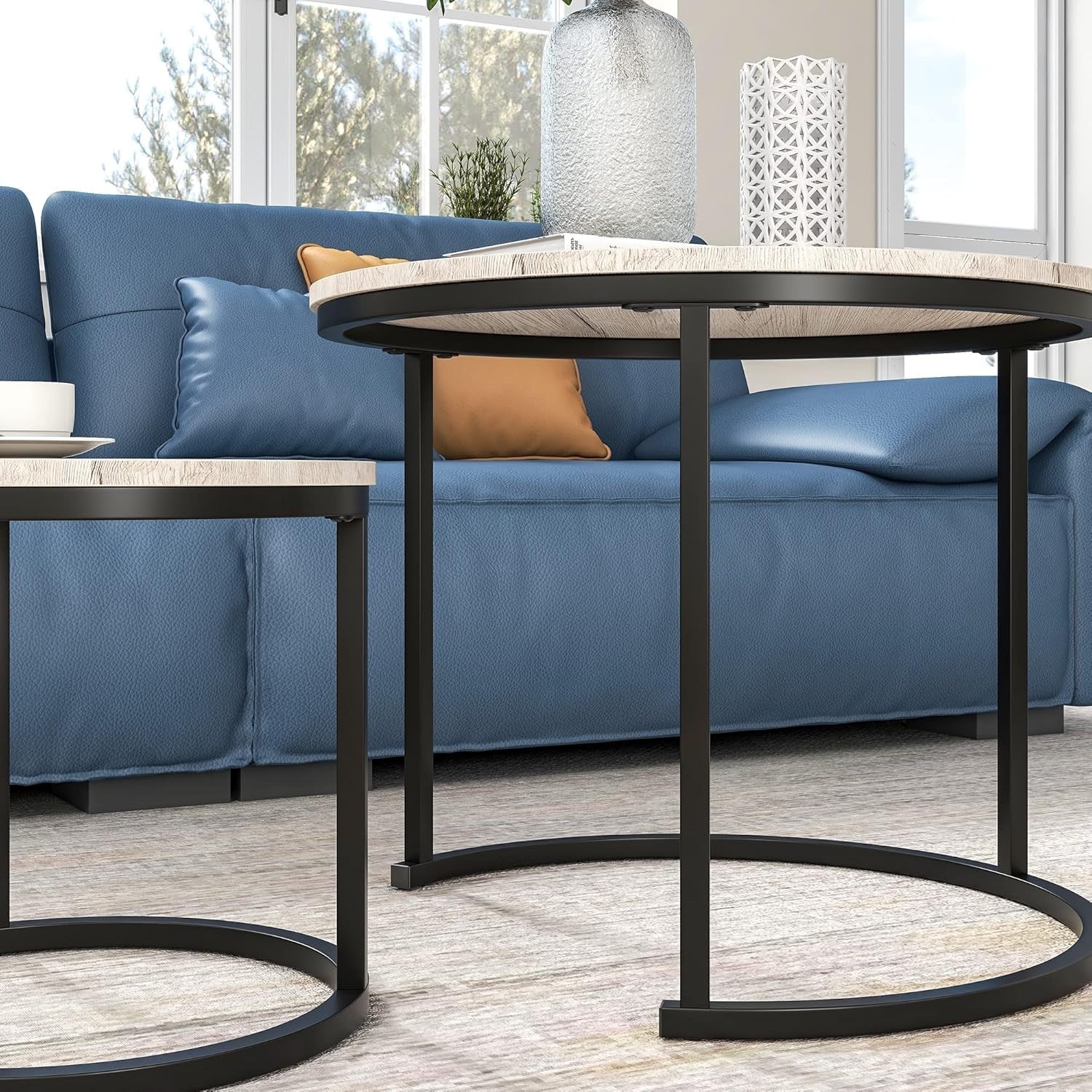 Nested Round Coffee Table Set of 2, Natural Oak Wood Finish, Space Saving Side E