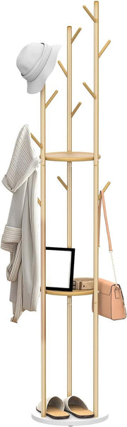Modern Gold Metal Coat Rack with Shelves | Freestanding Hall Tree Organizer Stan