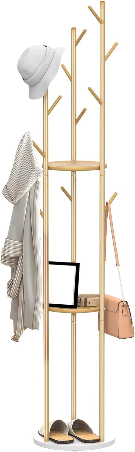 Modern Gold Metal Coat Rack with Shelves | Freestanding Hall Tree Organizer Stan