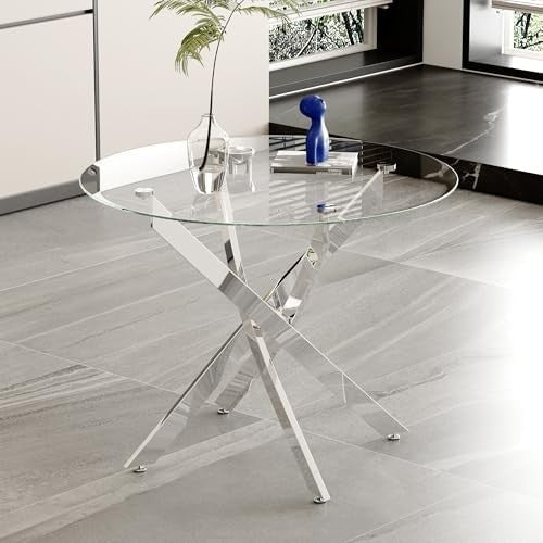 Round Glass Dining Table 100cm Tempered Chrome Legs Modern Design
