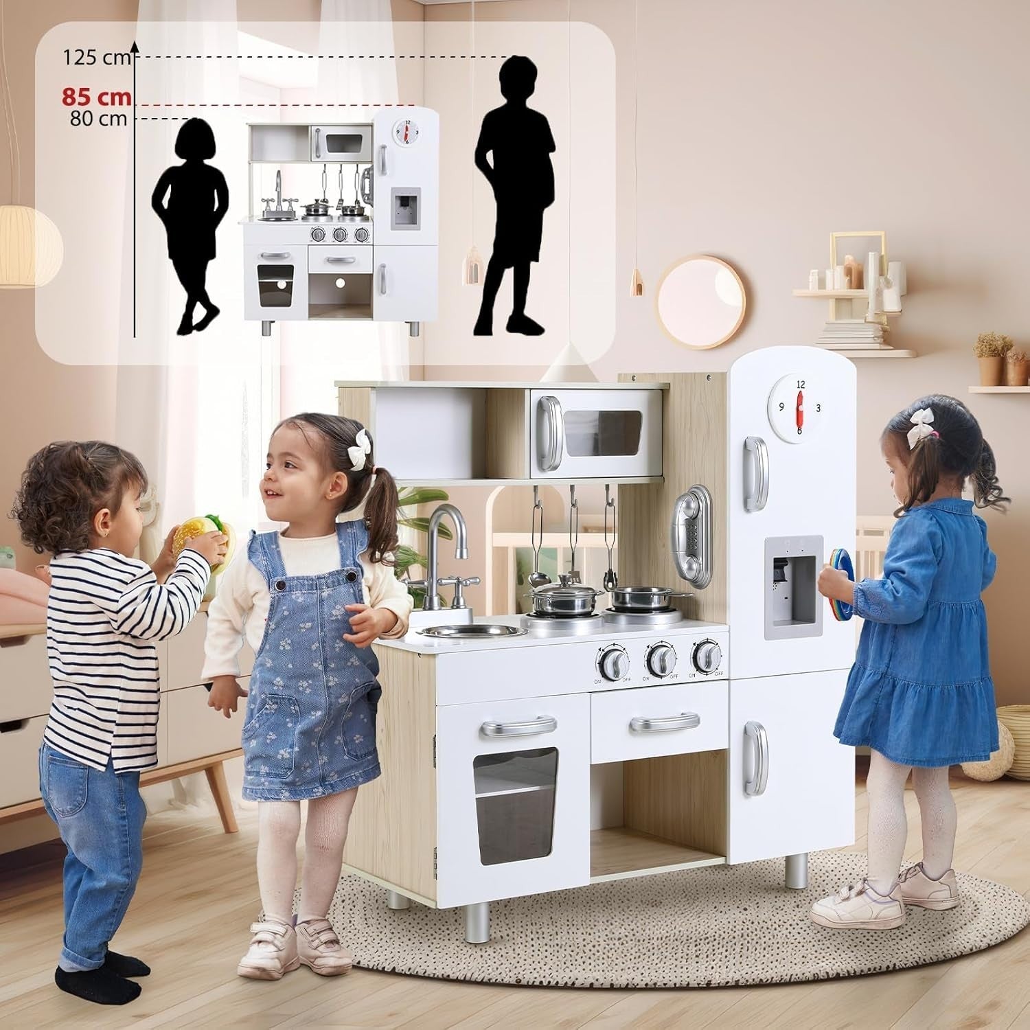 Kids Wooden Play Kitchen Set w/ Lights Sounds Oven Phone White