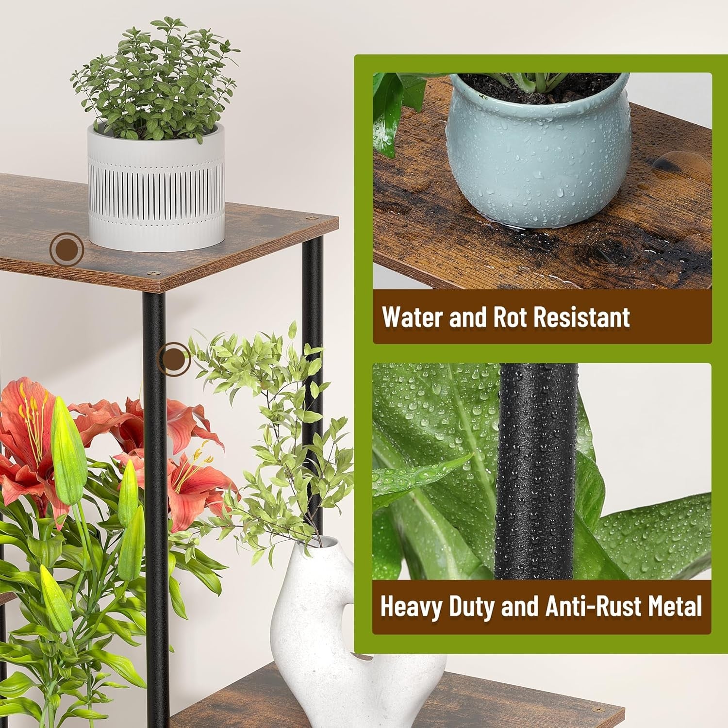 6 Tier Metal Wood Plant Stand Indoor Outdoor Heavy Duty Flower Shelf Rack