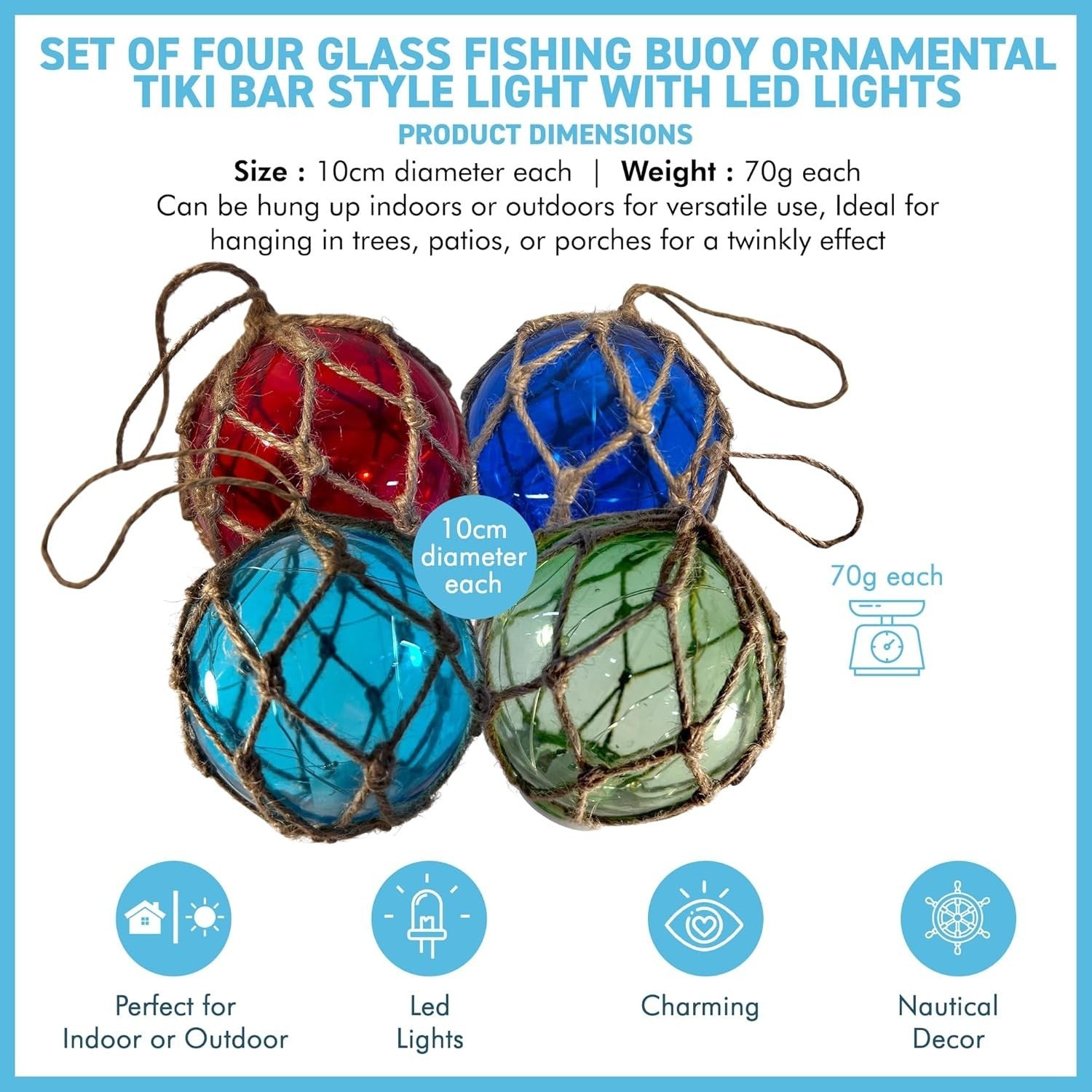 LED Glass Fishing Buoy Lights Set of 4 Nautical Hanging Ornaments Garden Decor