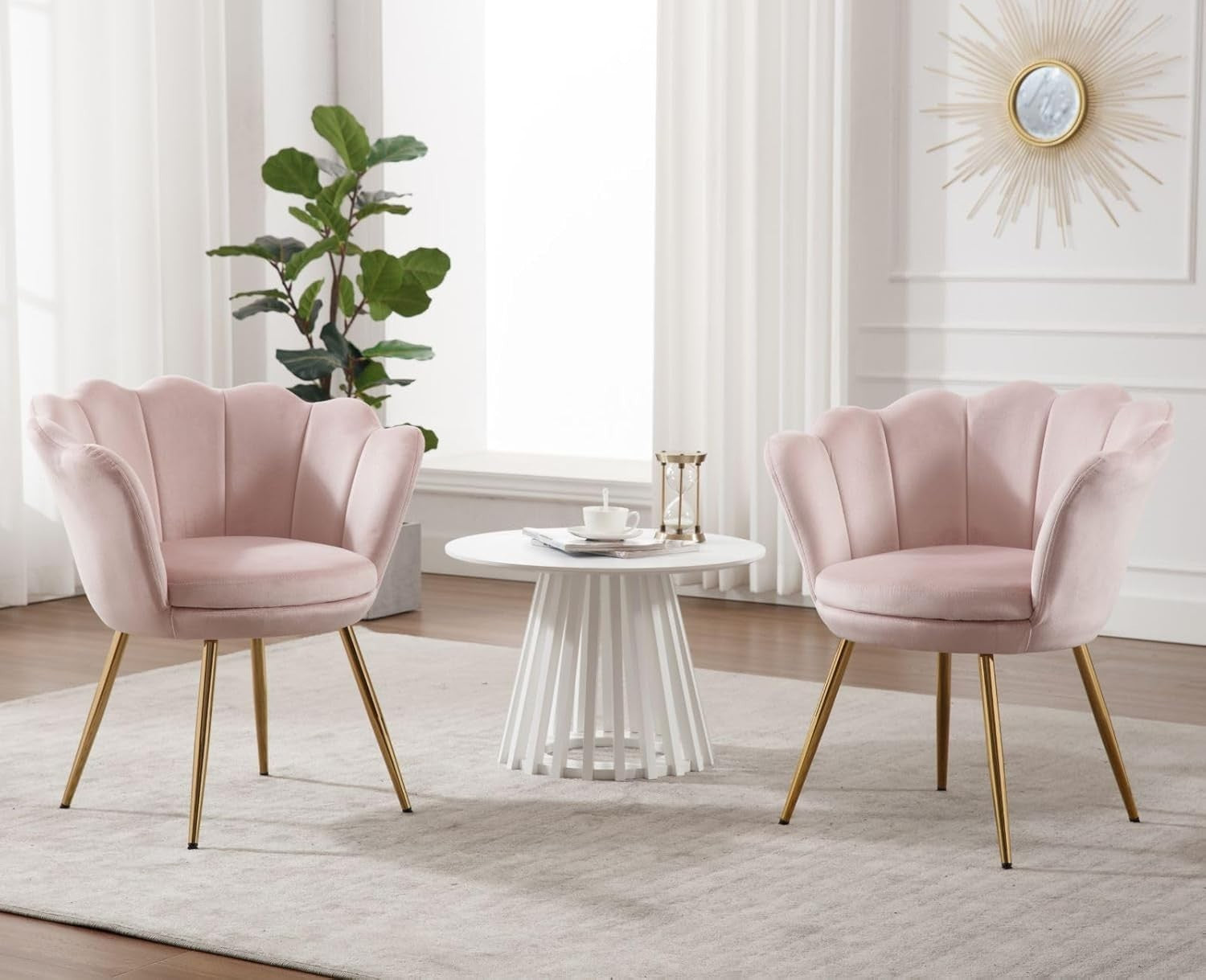Light Pink Velvet Lounge Chair Gold Legs | Petal Back Armchair for Bedroom
