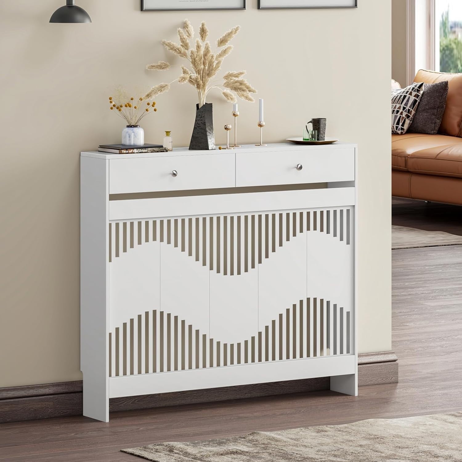 White Radiator Cover Cabinet with Drawers Modern MDF Storage Shelf, Medium