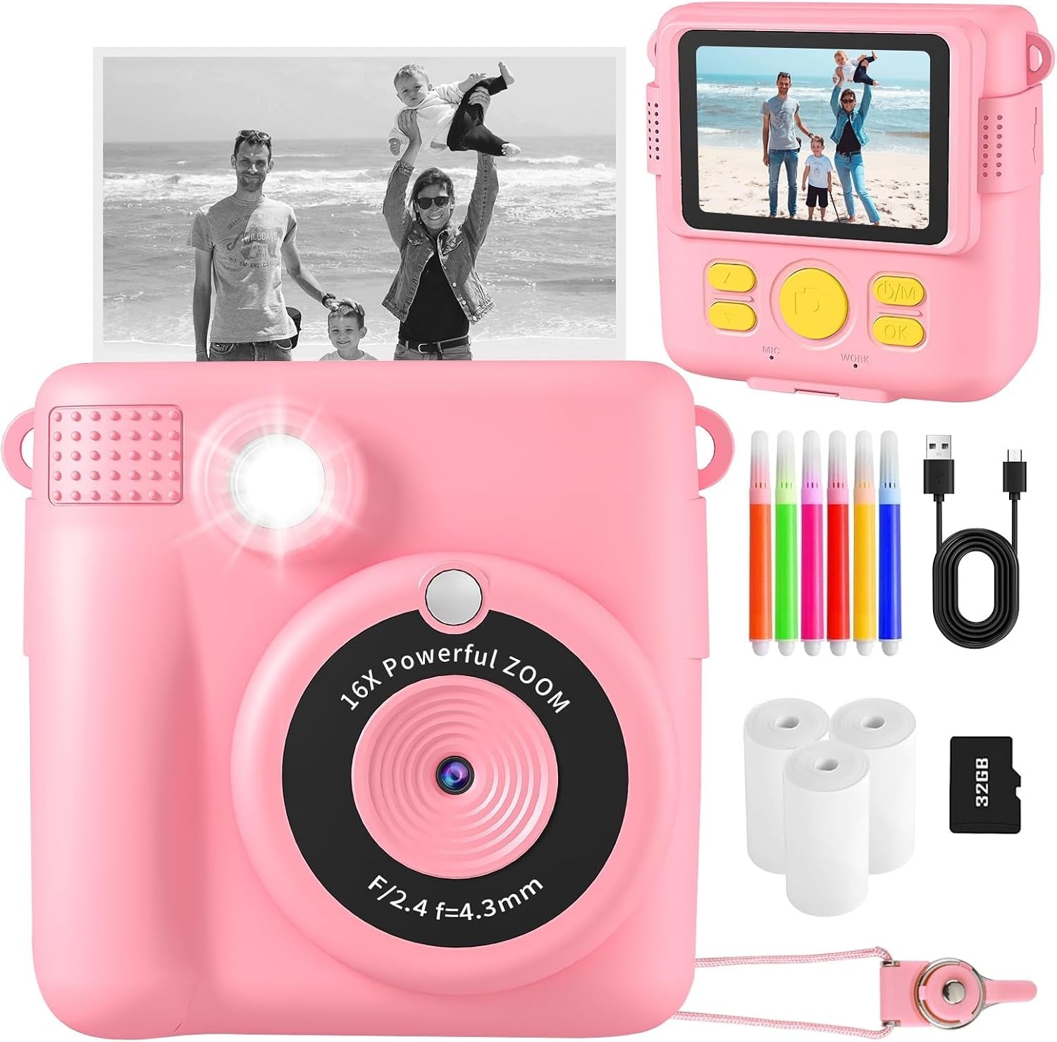 Kids Instant Print Camera Pink 1080P HD Toy Camera Gift for Girls 3–10 Years