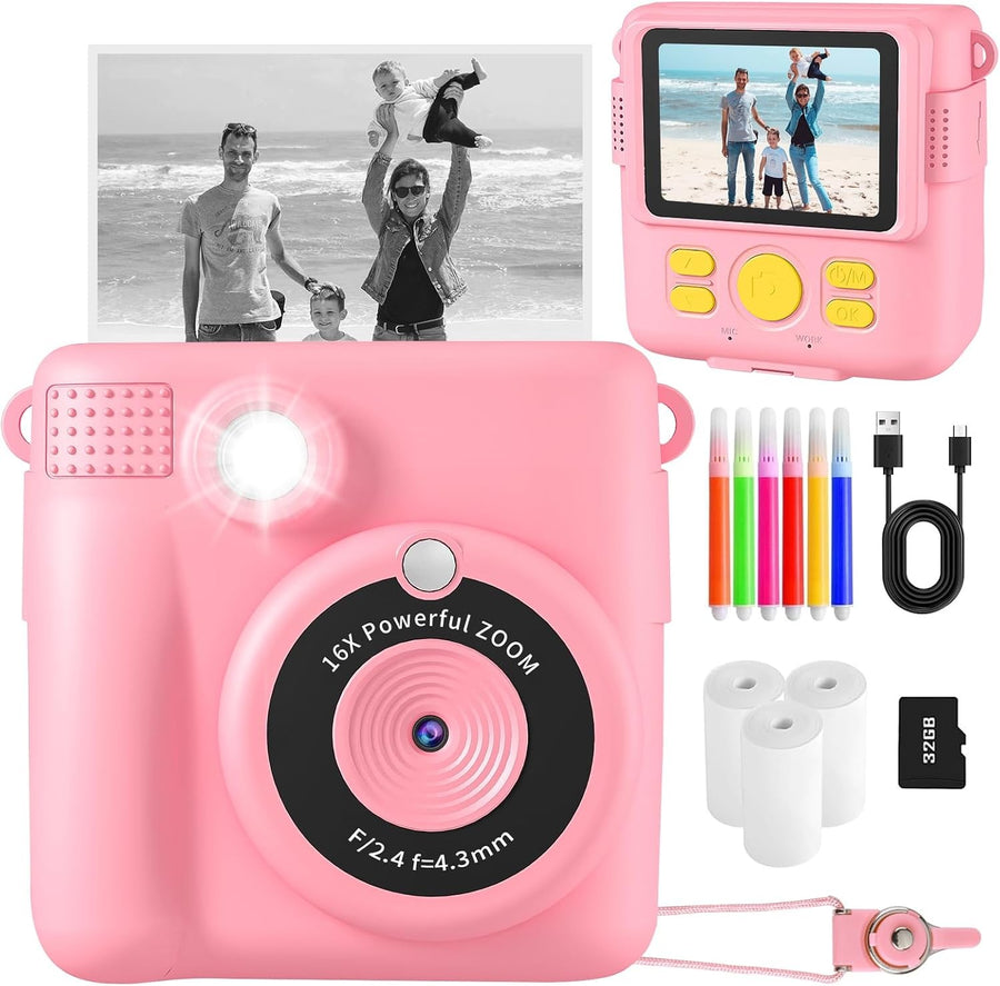 Kids Instant Print Camera Pink 1080P HD Toy Camera Gift for Girls 3–10 Years