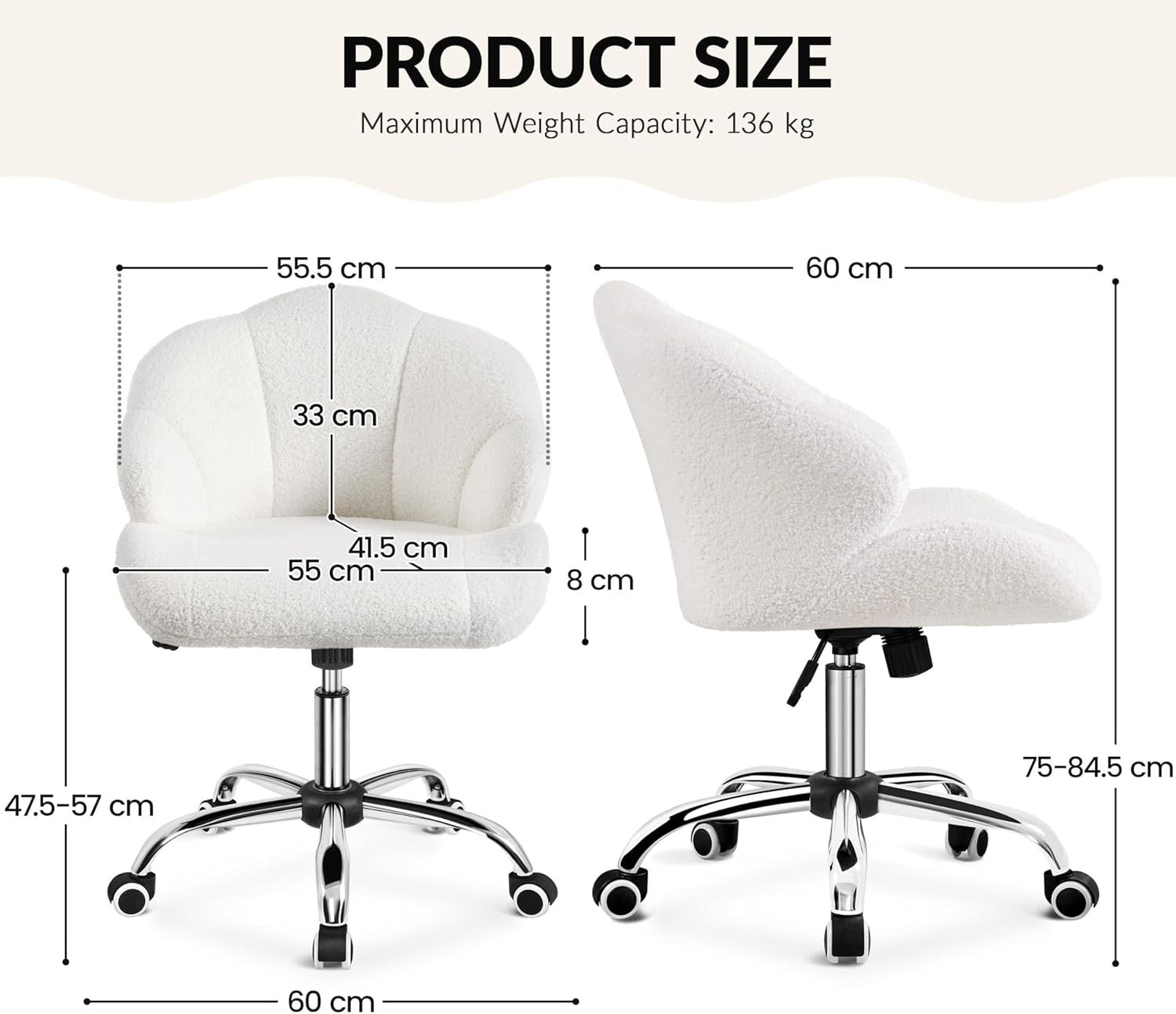Snowy Boucle Shell Back Swivel Vanity Chair w/ Wheels Armless Adjustable Seat