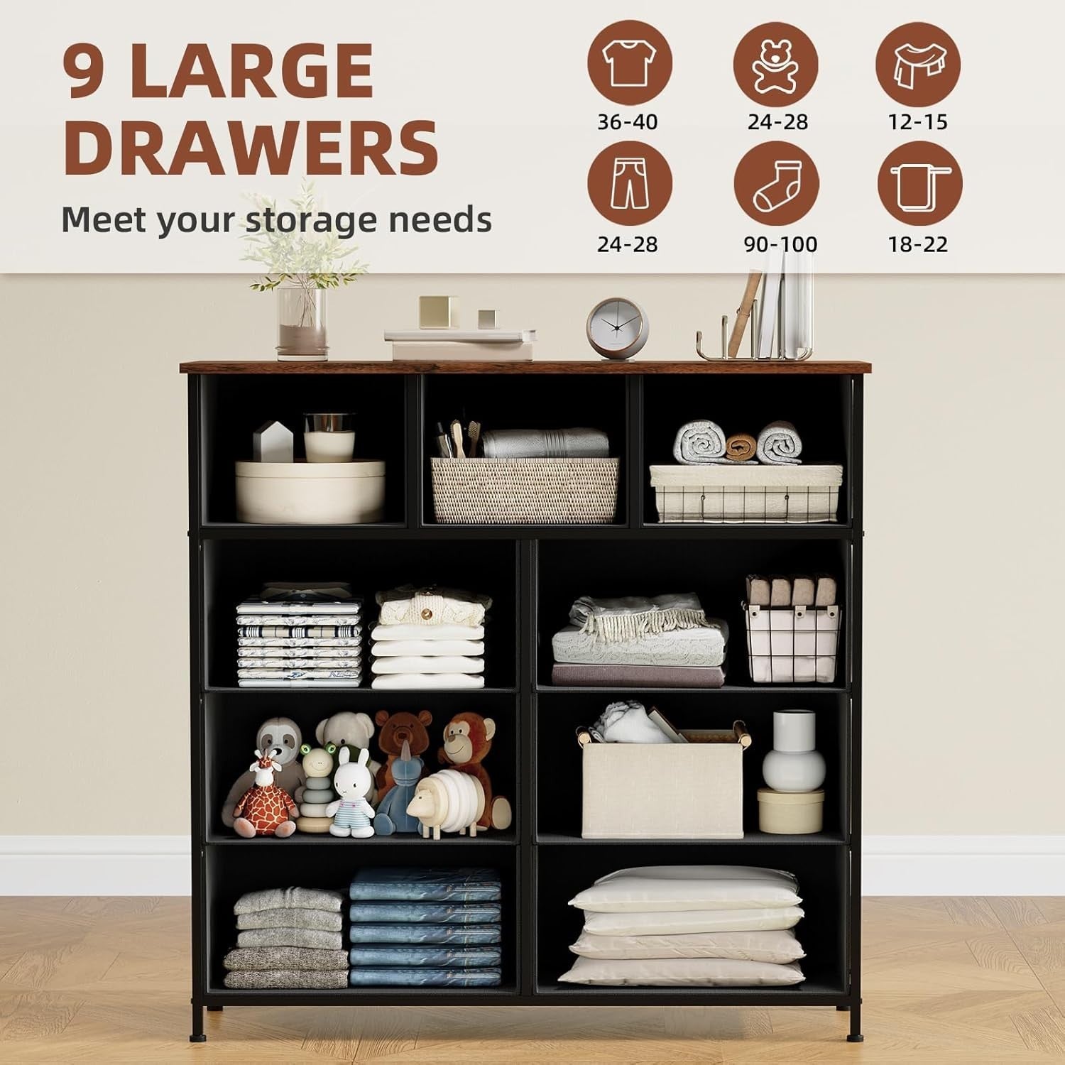 Black Rustic Brown 9 Drawer Tall Chest Fabric Dresser Organizer Storage Unit