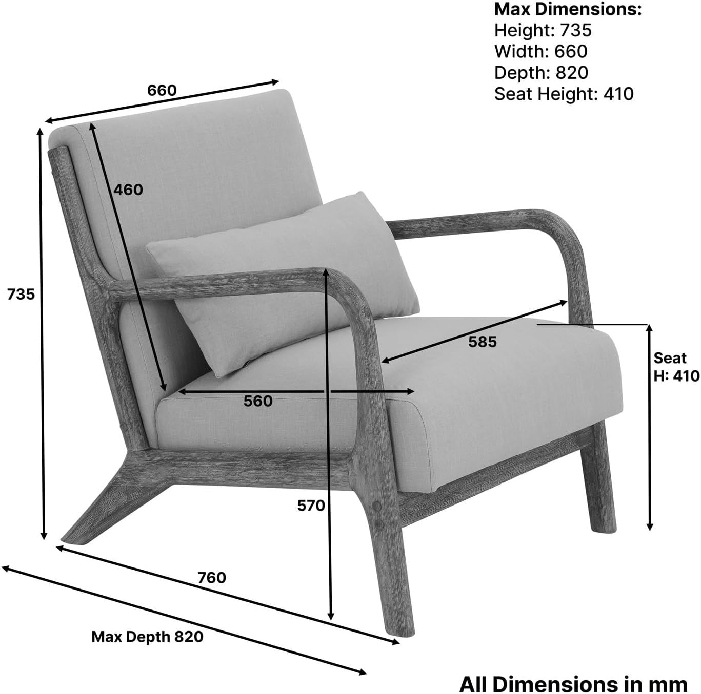 Scandi Oak Armchair Linen Cushion Lounge Chair Mid Century Boho Seat