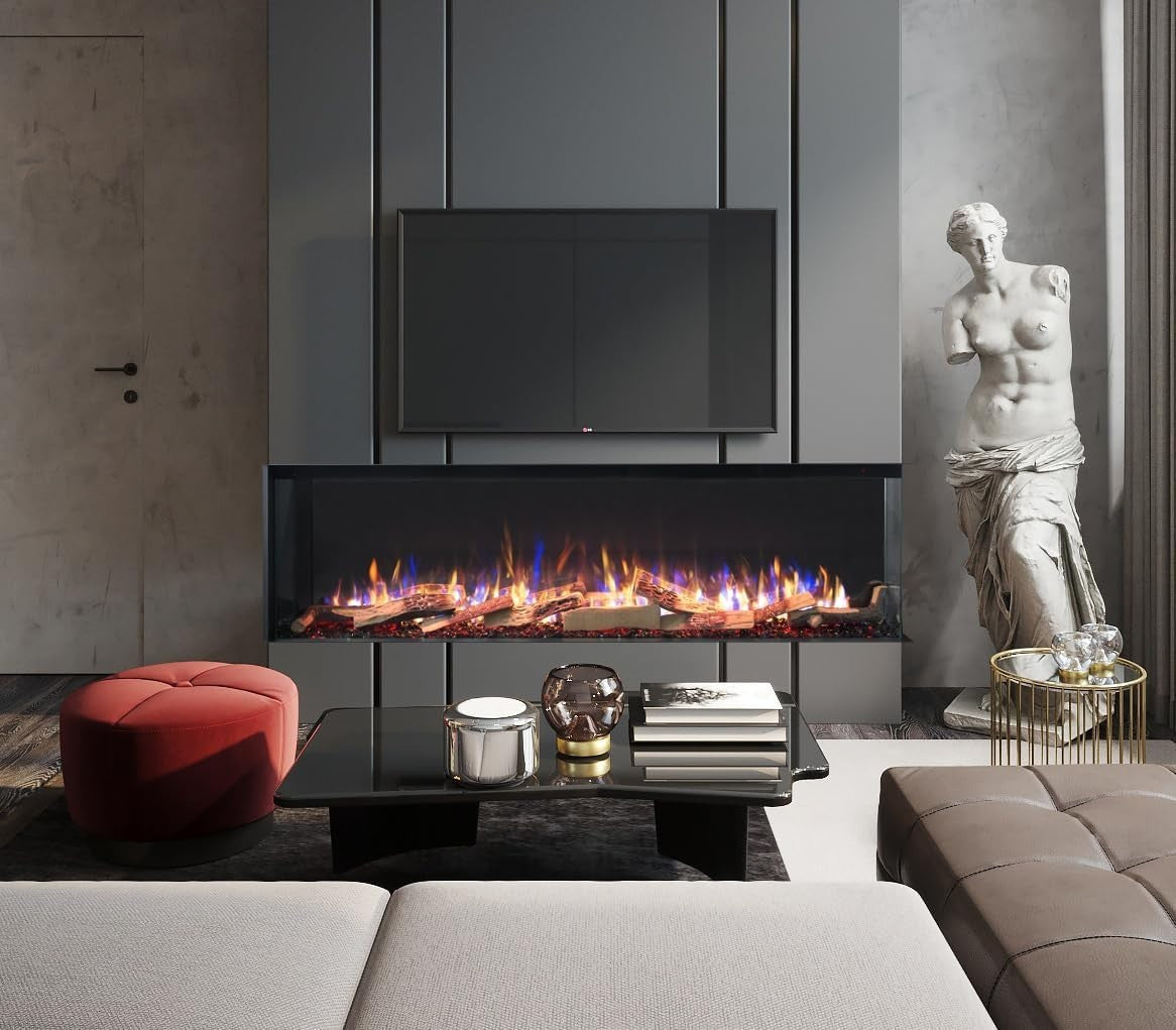 60" 3-Sided Built In Electric Fireplace Wall Mount Media Feature LED