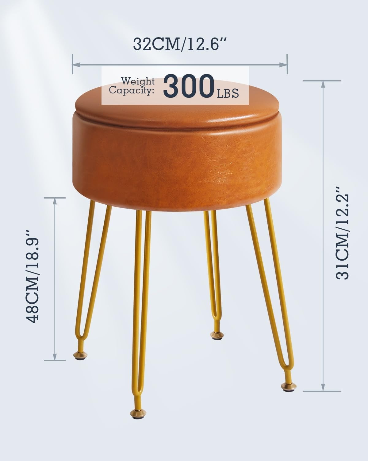 Light Brown PU Leather Round Storage Stool – Vanity Seat w/ Gold Metal Legs