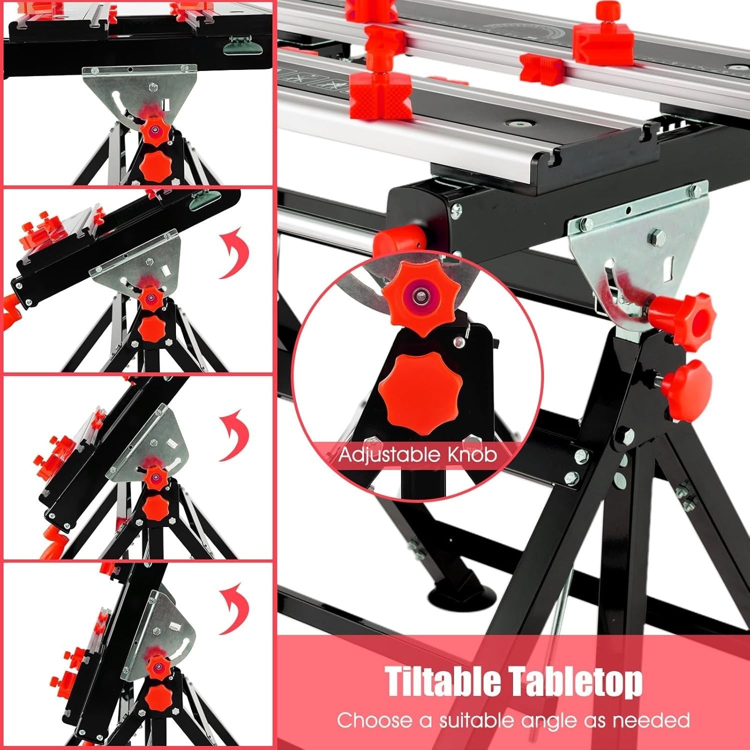 Folding Workbench 75x60cm Adjustable Height Tilt Table Sawhorse 7 Levels Red