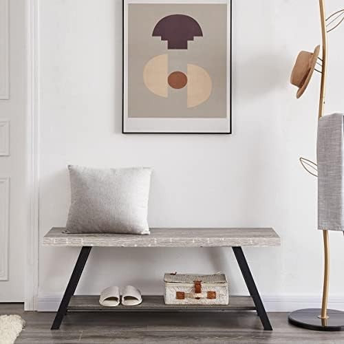 Light Grey Oak Farmhouse Entryway Storage Bench Metal Frame Shoe Rack Seat