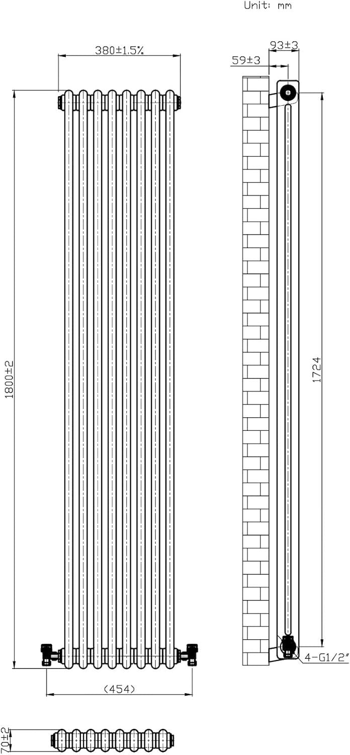 Traditional Vertical Column Radiator Double Panel Raw Metal 1800x380mm