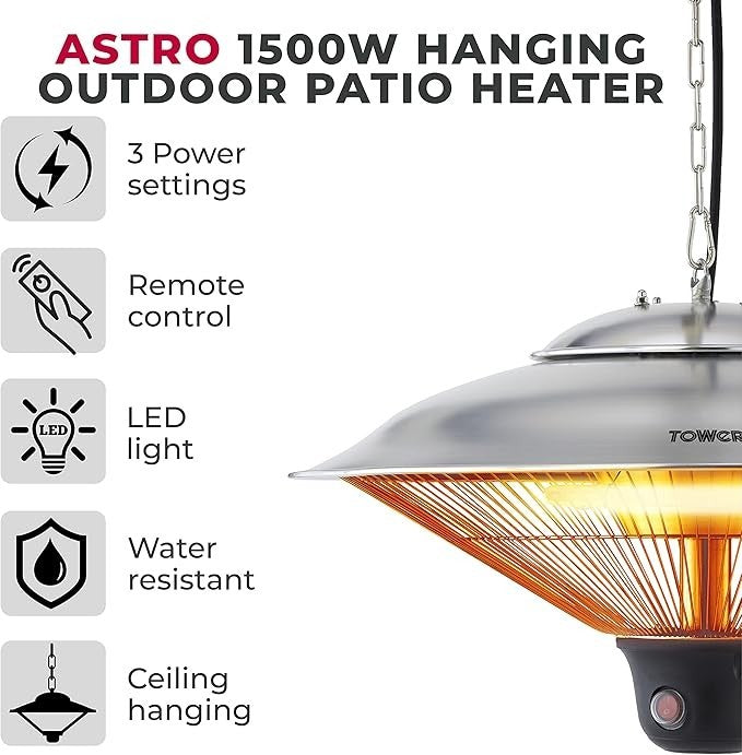 Outdoor Hanging Patio Heater 1500W Remote Control LED Light Waterproof