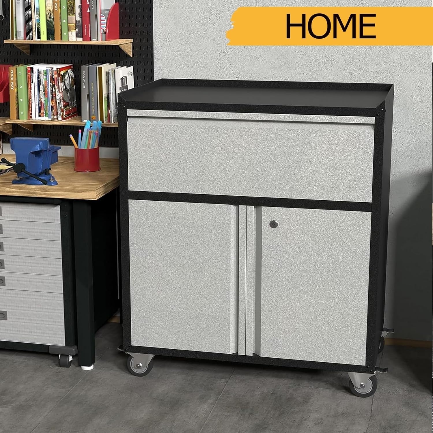 Mobile Metal Storage Cabinet with Lockable Doors, Drawer & Wheels