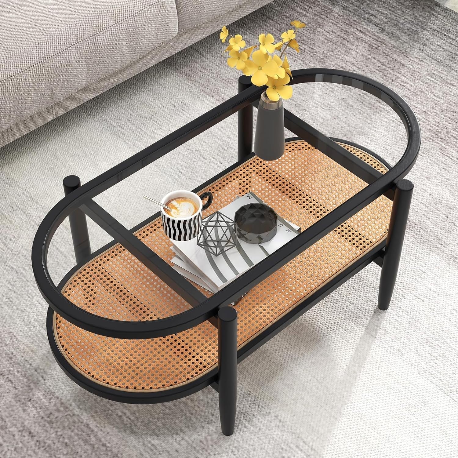 Black Glass Coffee Table with Rattan Shelf – 2-Tier Oval Wood Frame