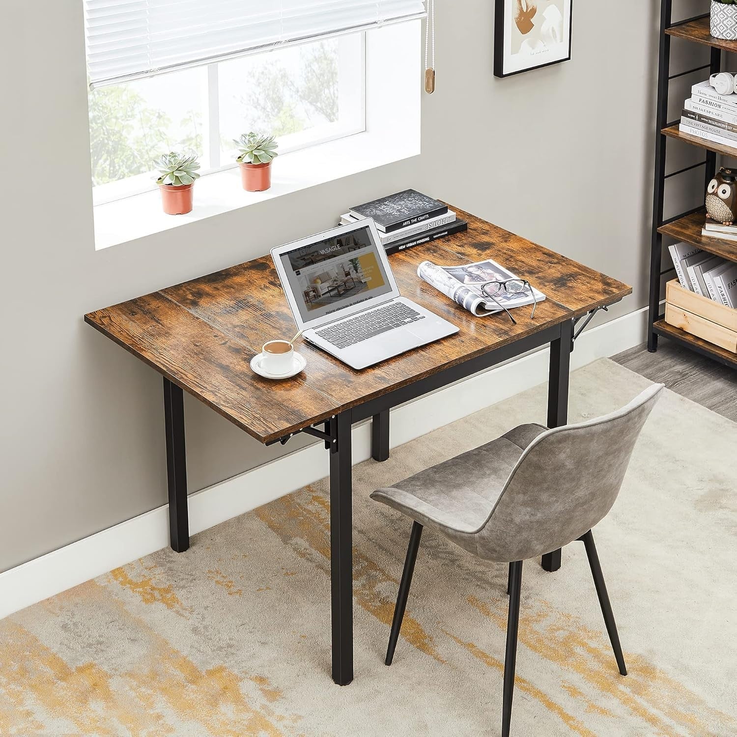 Industrial Drop Leaf Dining Table Folding Rustic Brown Black 2–4 Seater
