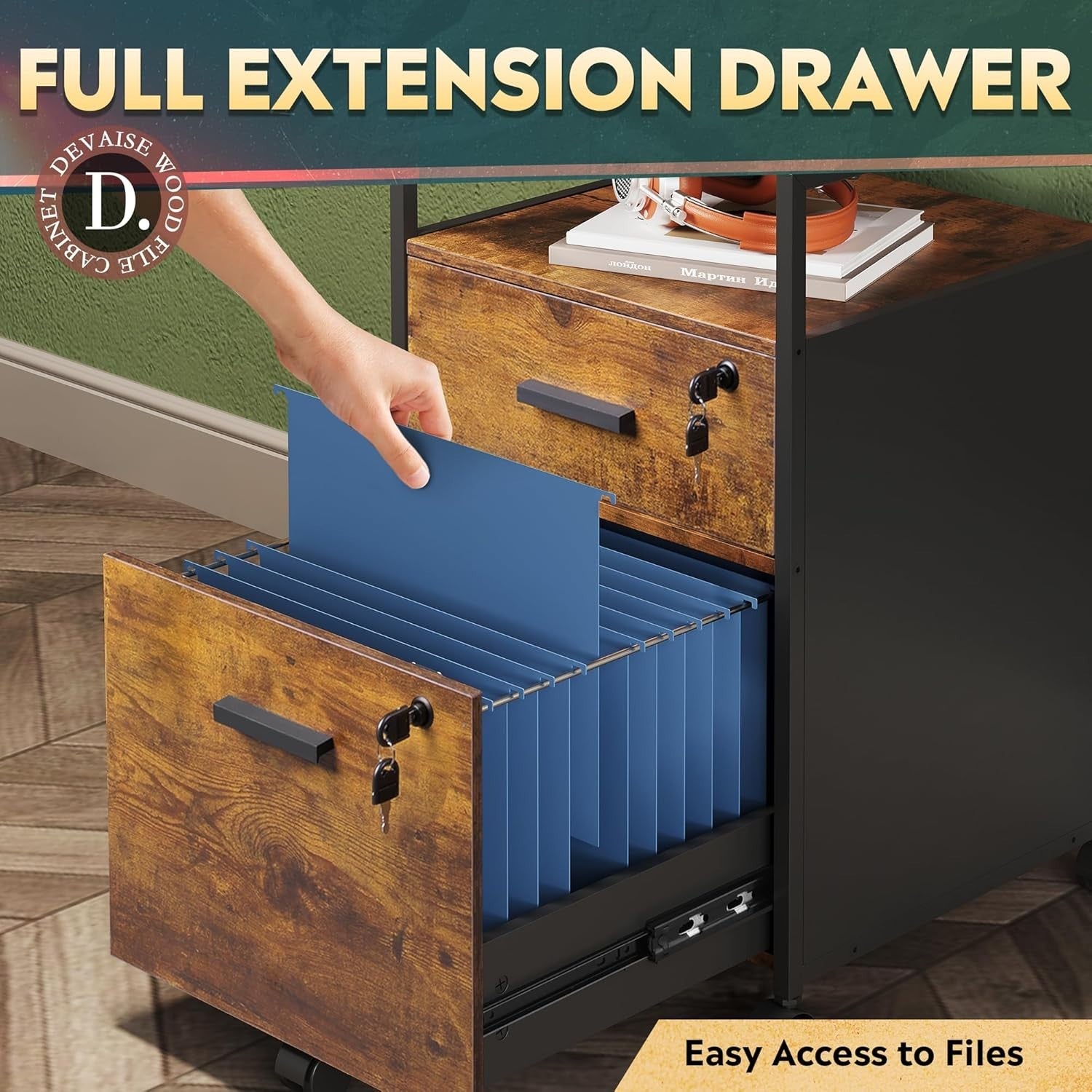 Brown 2 Drawer Mobile Filing Cabinet with Open Shelf Office Storage Lockable