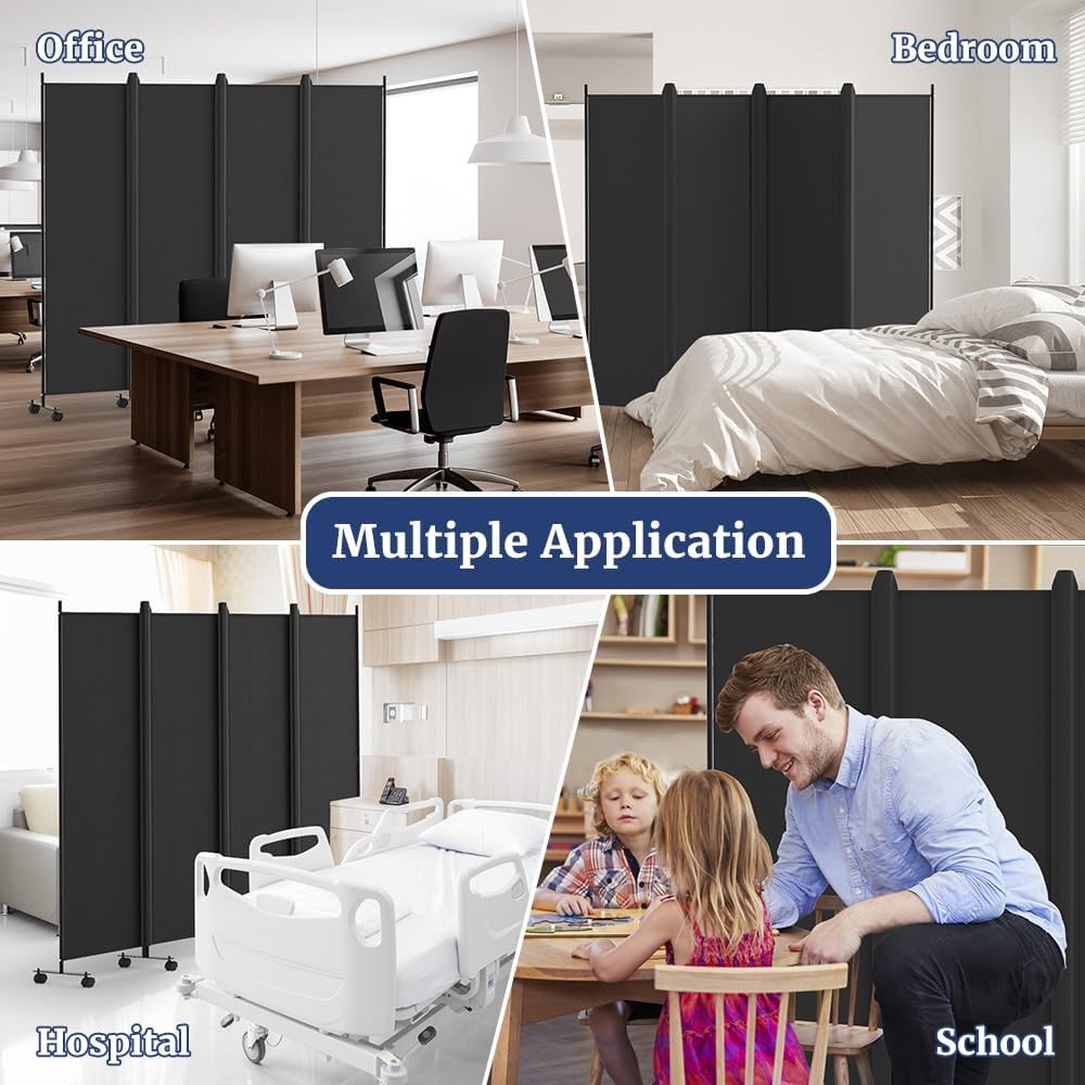 4 Panel Black Folding Room Divider with Lockable Wheels 88x70 Inch