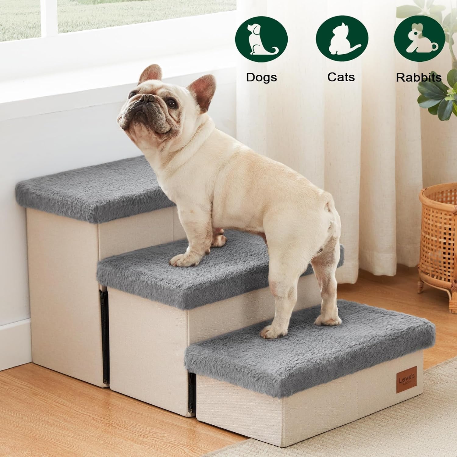 Dog Stairs 3 Step 18" High with Storage Furry Lid Pet Steps Grey