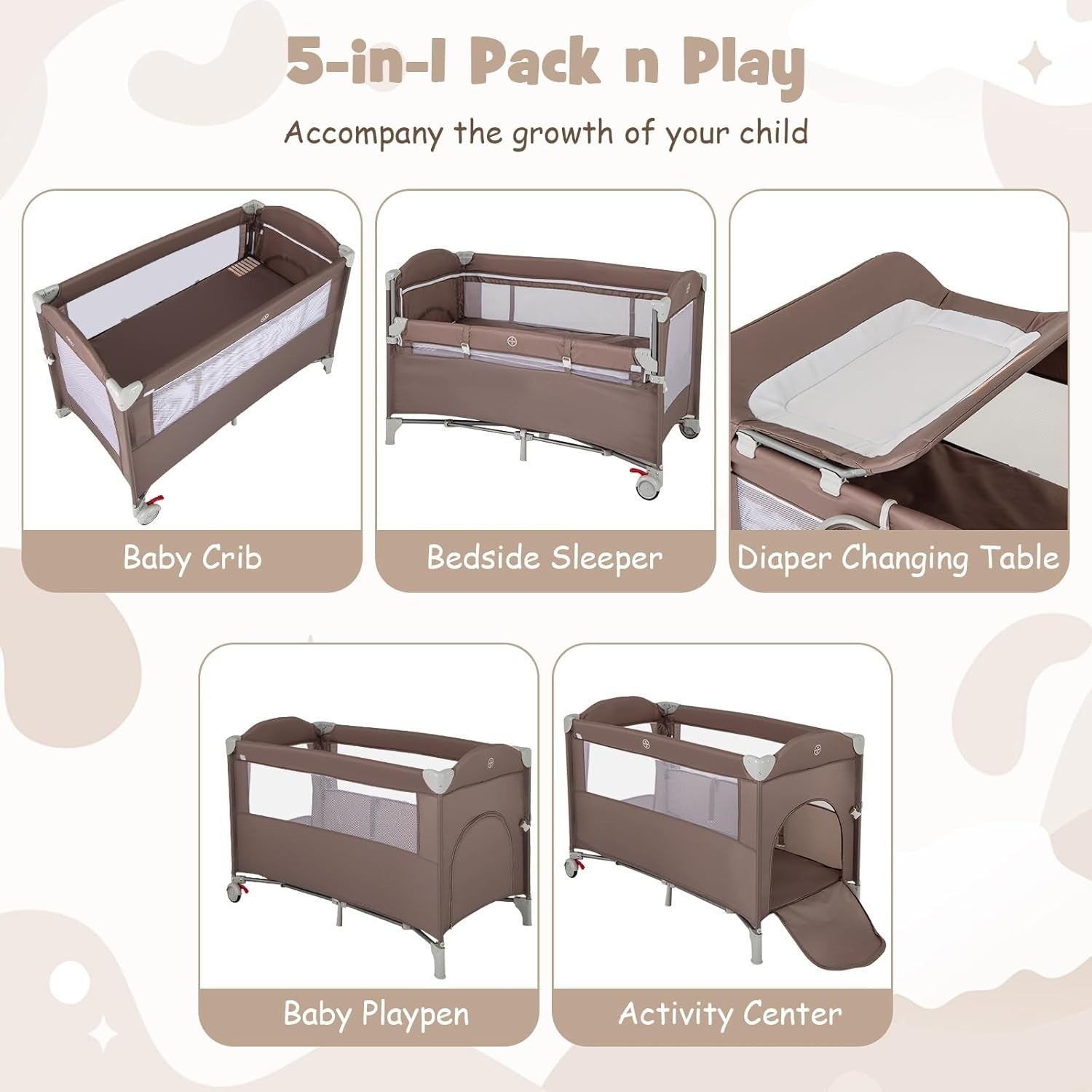 5in1 Baby Travel Cot Bedside Crib Bassinet w/ Mattress Changer Music Toys Brown
