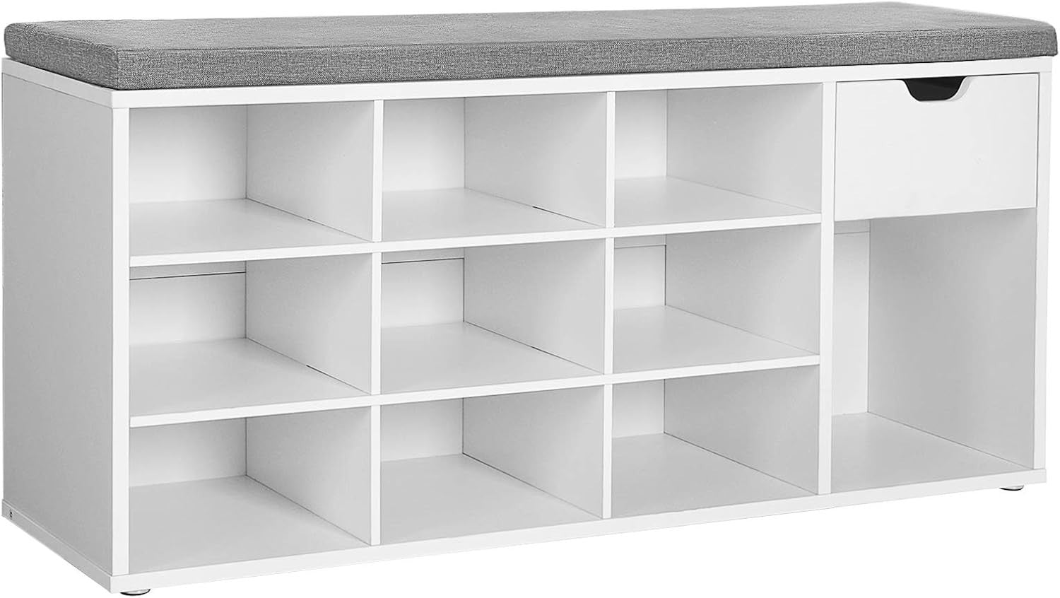 Modern White & Grey Shoe Storage Bench with Cushion, Drawer & Open Compartments