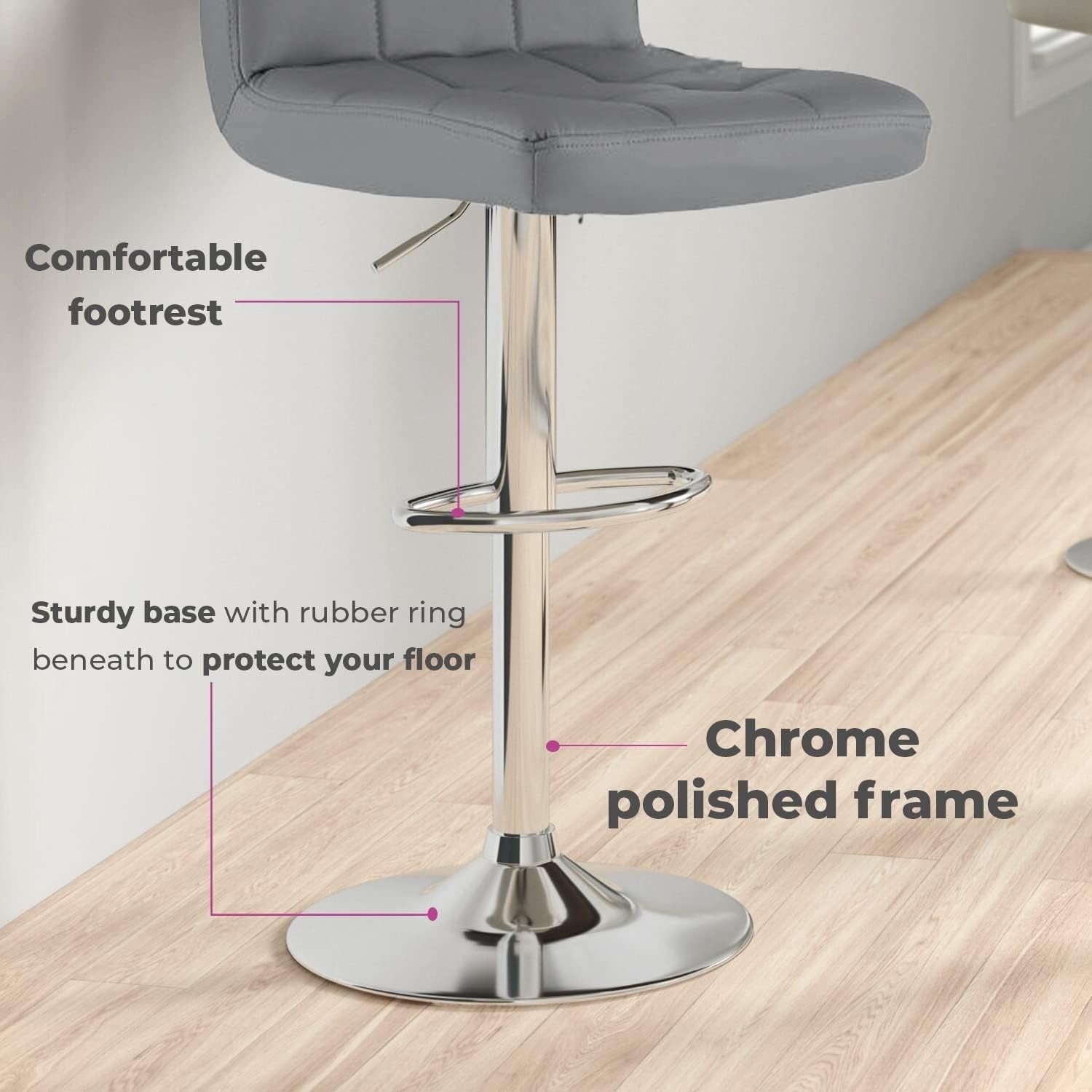 Adjustable Swivel Bar Stools Set of 2 | Dark Grey Faux Leather Chrome