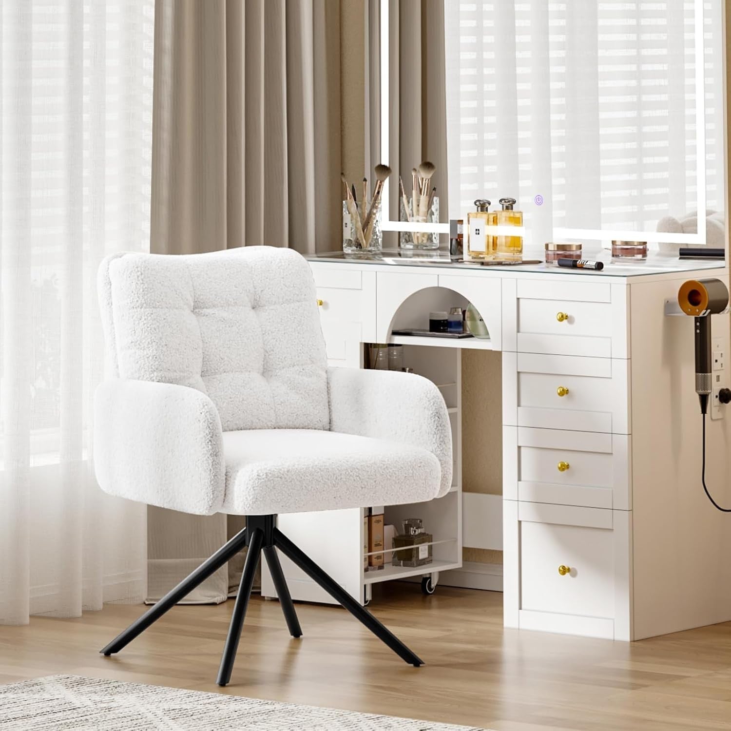 White Boucle Swivel Accent Chair Tub Vanity Desk Armchair