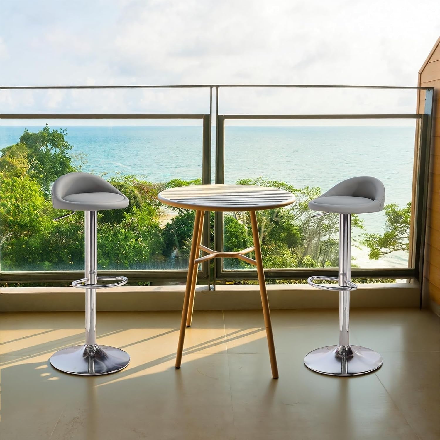 Grey Faux Leather Bar Stool Set of 2 Round Armless Adjustable Swivel Chairs