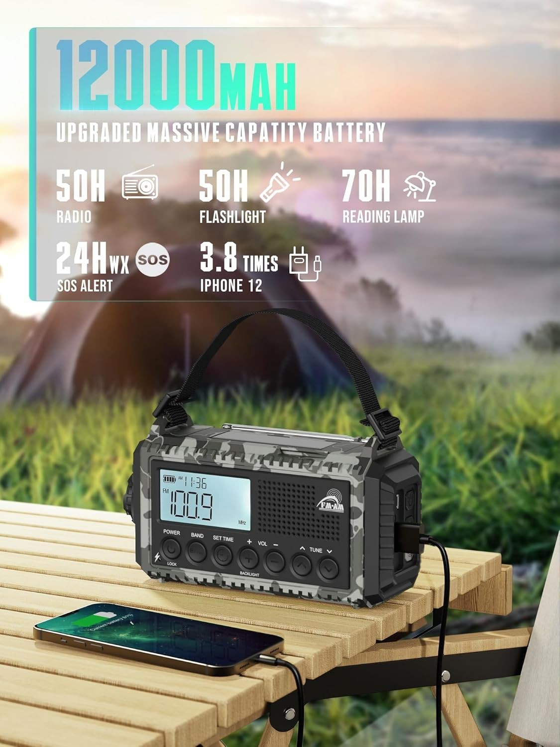 Emergency Solar Radio AM/FM/SW 12000mAh Hand Crank Waterproof Torch