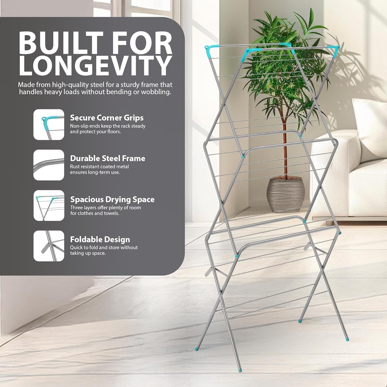 3 Tier Clothes Airer Foldable Drying Rack Steel Laundry Clothes Horse Indoor