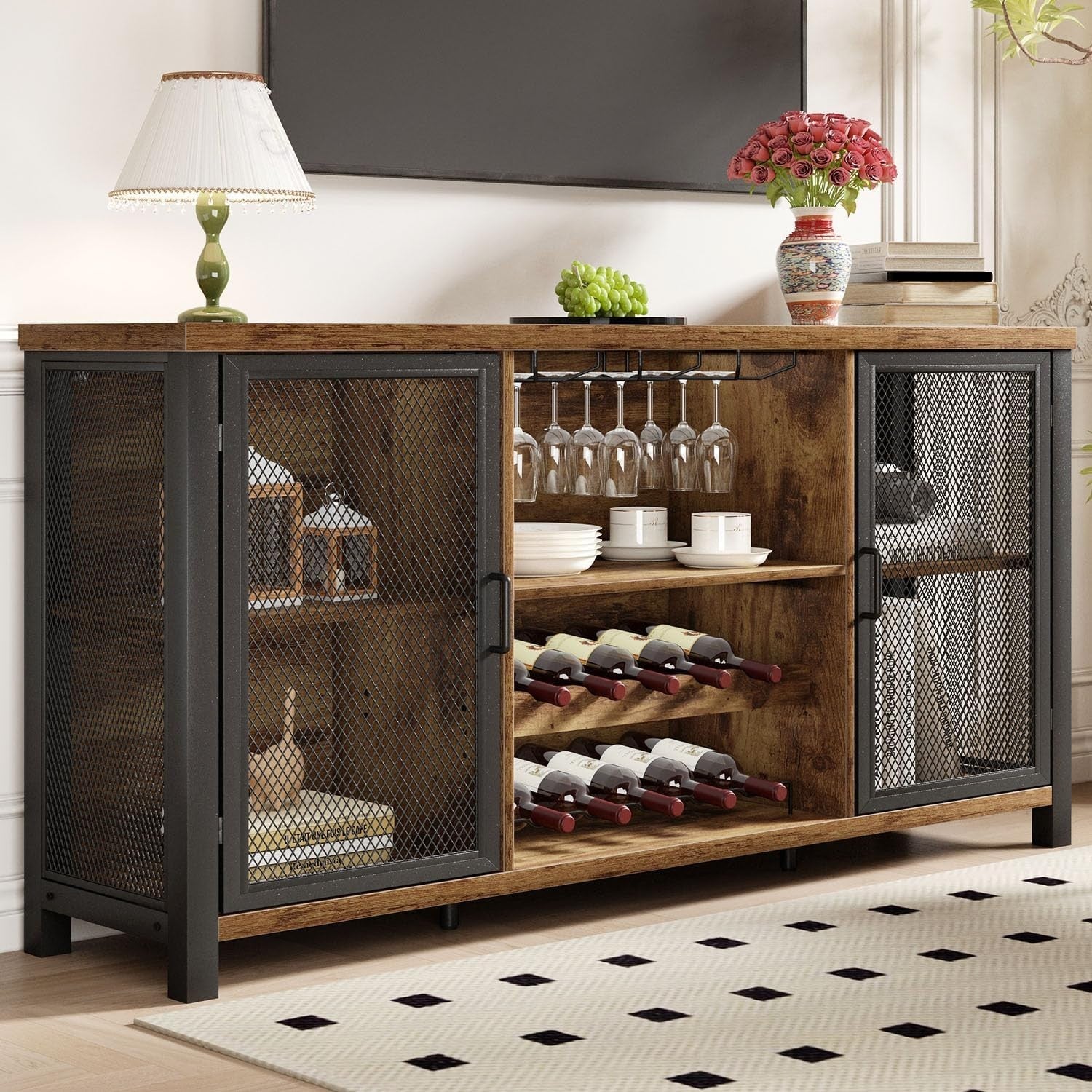 Rustic Industrial Bar Sideboard Cabinet with Wine Rack Glass Storage 140cm