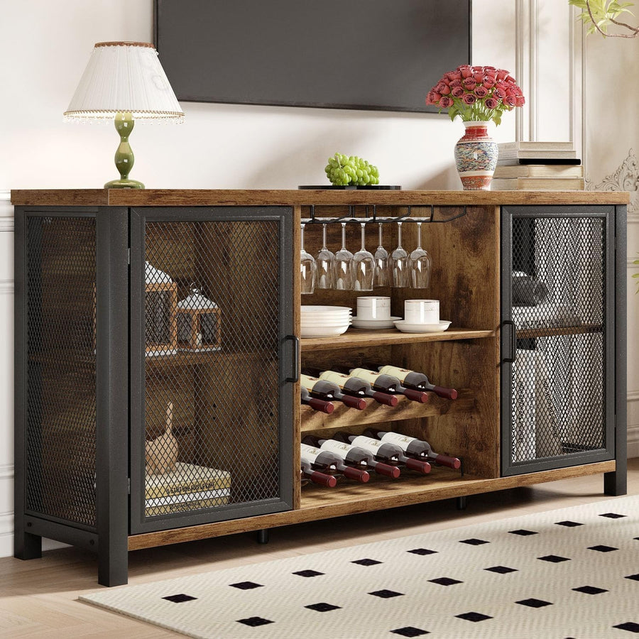 Rustic Industrial Bar Sideboard Cabinet with Wine Rack Glass Storage 140cm