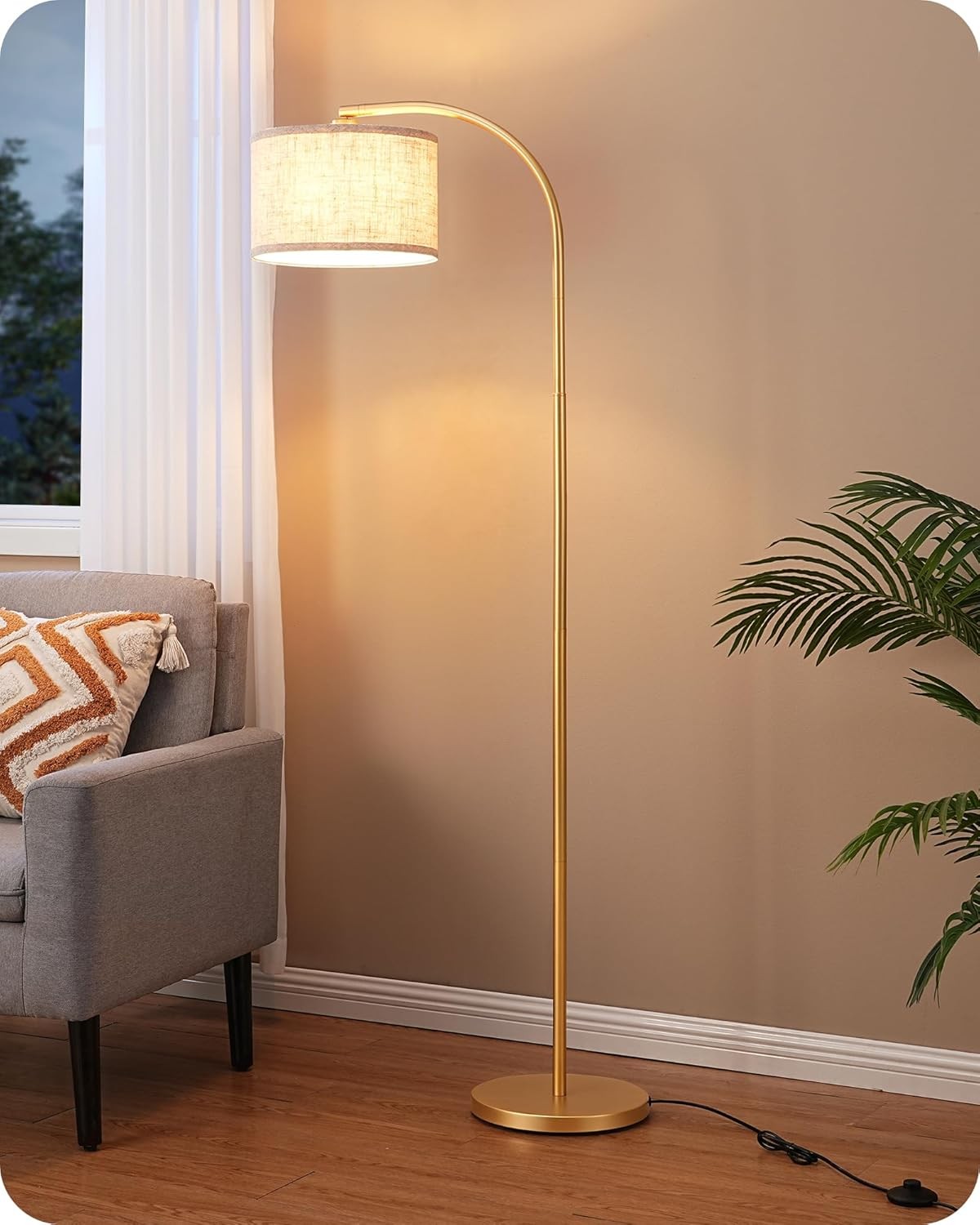 Modern Arc Floor Lamp Adjustable Linen Shade Gold Standing Light E27