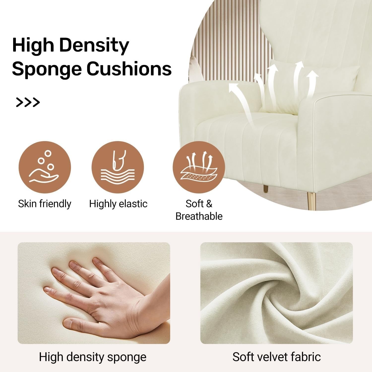 2x Beige Velvet Recliner Armchairs with Cushions & Gold Legs Lounge Set