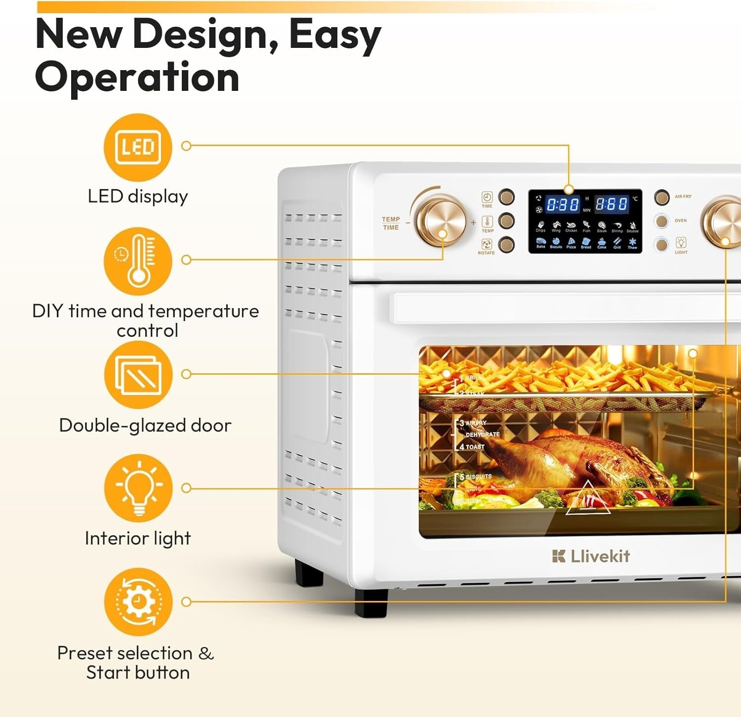 26L Air Fryer Oven 14 Programs 1700W 360 Hot Air Window Light 7 Accessories